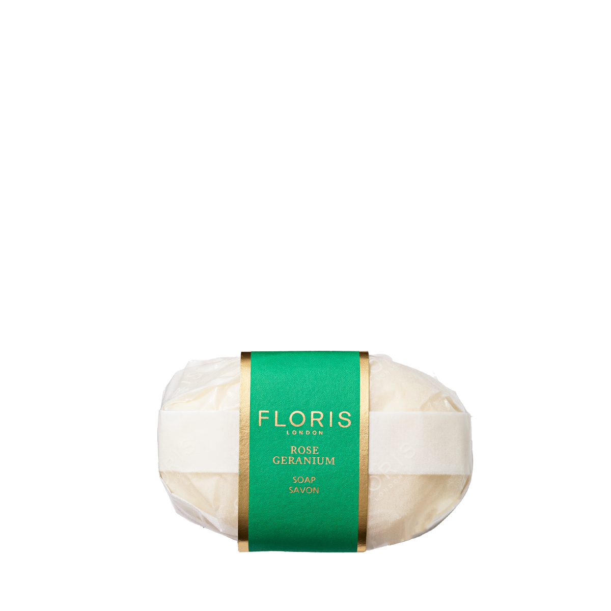 Oval Rose Geranium Soap by Floris London, enriched with shea butter, wrapped in green.