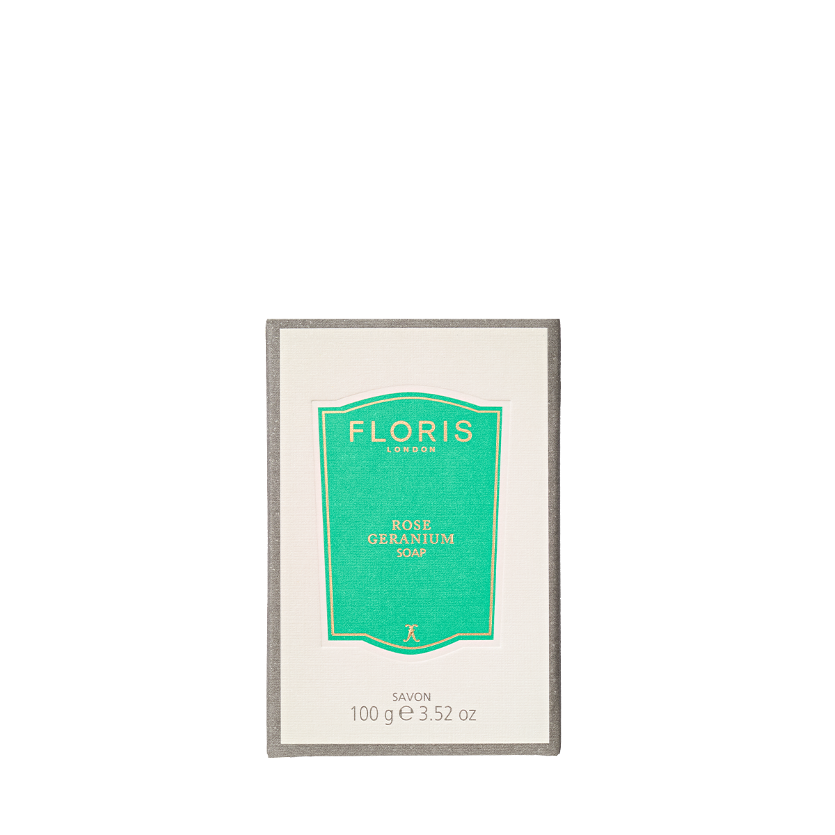 Box of Floris London's Rose Geranium Soap, 100g, with shea butter and a teal/white design.