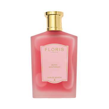 Pink Floris London Rose Mouthwash with a gold cap and light pink label, infused with pure rosewater for an elegant touch.