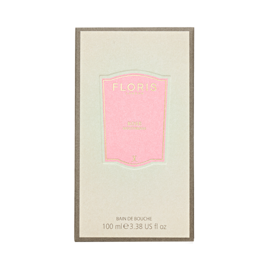 Floris London's Rose - Mouthwash comes in a pink-labeled package with volume details at the bottom, delivering pure rosewater essence in every concentrated drop.