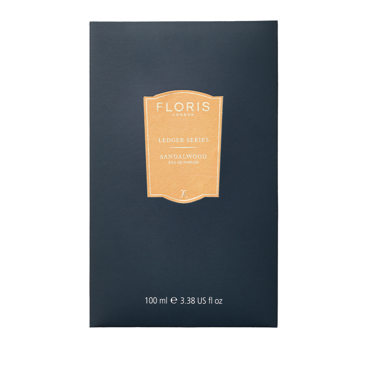 Navy box with a gold label featuring the "Floris London UK Sandalwood" fragrance from the Ledger Series, enriched with sandalwood oil.
