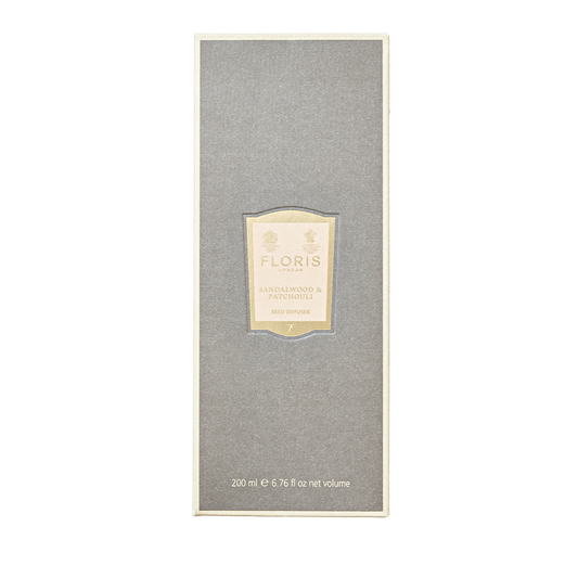 Floris London Sandalwood & Patchouli Reed Diffuser in a gray box, 200ml, offers an amber-rich aroma with sandalwood and patchouli hints.
