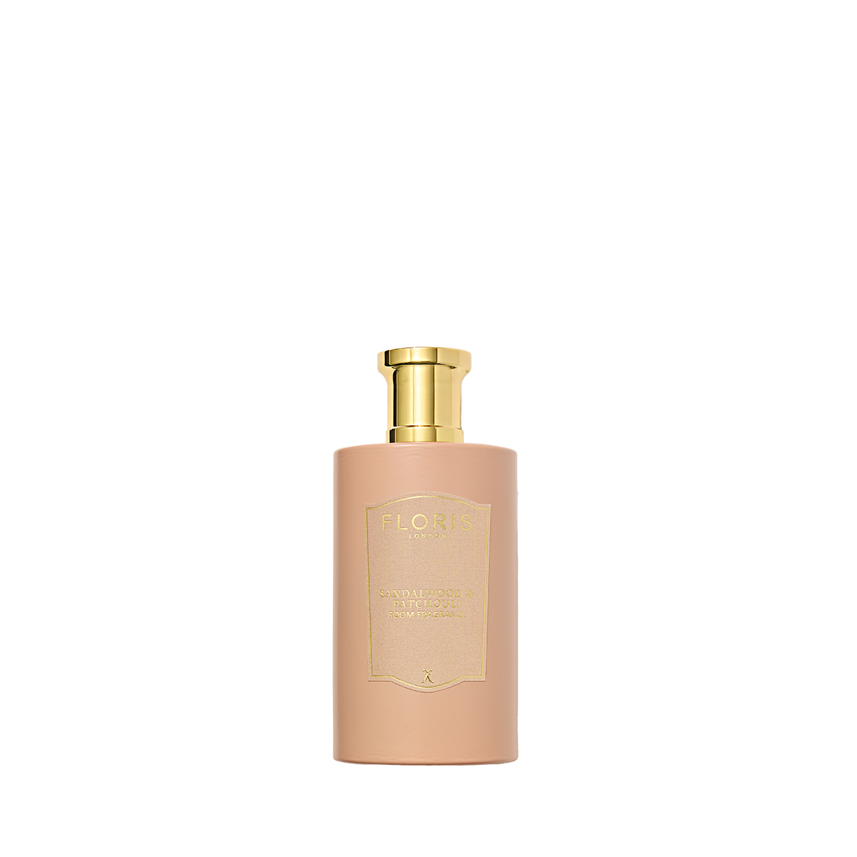 A beige Floris London Sandalwood & Patchouli bottle with a golden cap sits elegantly against a white backdrop, exuding rose and sandalwood hints.