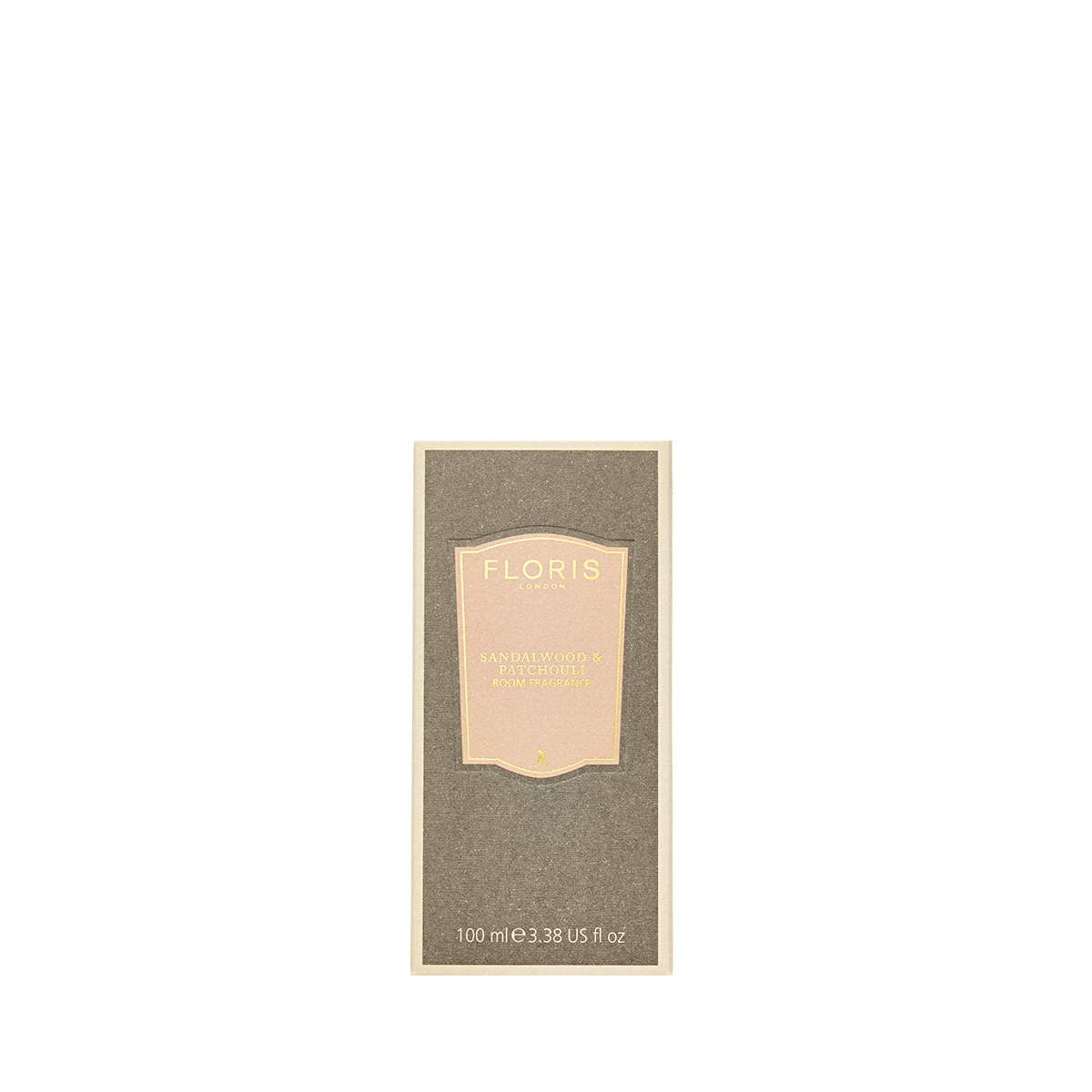 Beige and brown Floris London "Sandalwood & Patchouli" room fragrance box on white, with jasmine notes.