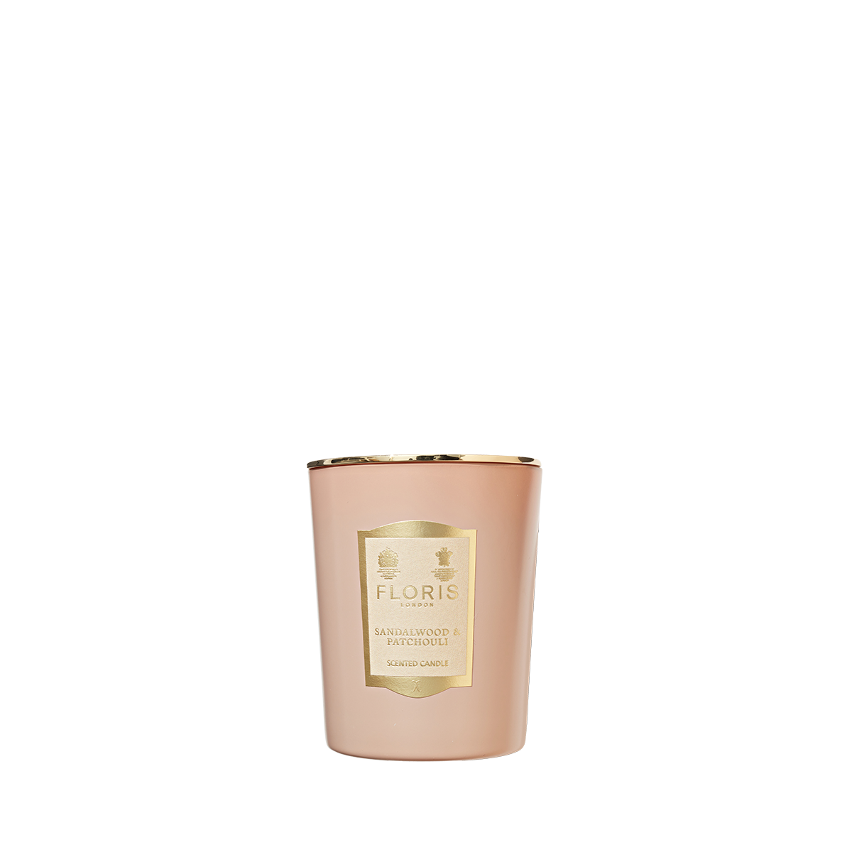 Floris London's pink candle, 175g, with sandalwood and patchouli notes, comes with a gold label.