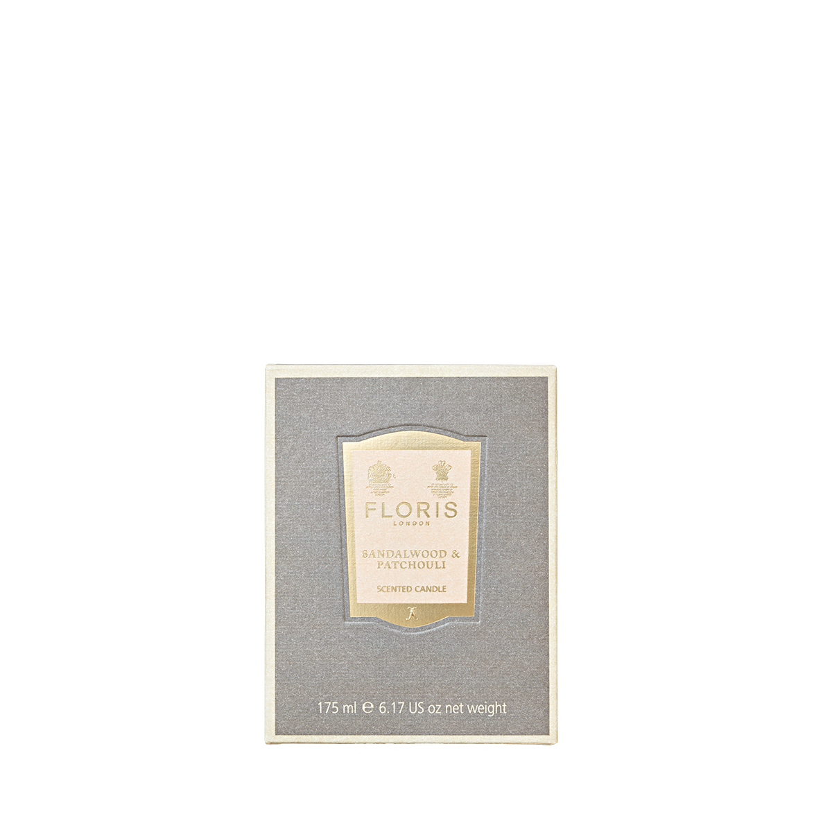 Floris London Sandalwood & Patchouli Candle, 175g, in a beige and gray box with gold logo, features bergamot notes.