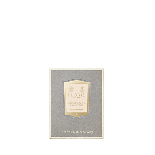 Floris London Sandalwood & Patchouli Candle, 175g, in a beige and gray box with gold logo, features bergamot notes.
