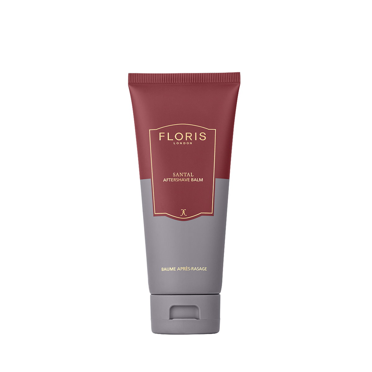 A 100ml tube of Floris London Santal Aftershave Balm with a maroon and gray design, ideal for soothing skin after shaving on a white background.