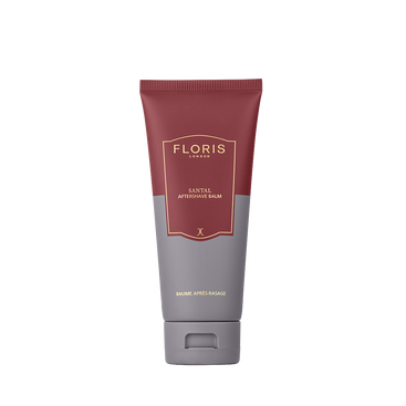 A 100ml tube of Floris London Santal Aftershave Balm with a maroon and gray design, ideal for soothing skin after shaving on a white background.