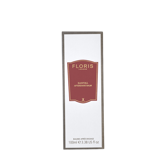 Floris London Santal Aftershave Balm, 100ml—ideal for post-shave care, comes in a box with a red and white front label.