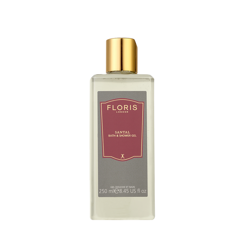 Floris London UK Santal Bath & Shower Gel in a clear bottle with a gold cap, 250ml (8.45 fl oz).