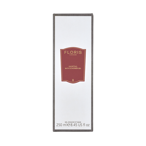 White box of Floris London UK Santal Bath & Shower Gel, 250ml, featuring a red label on the front.