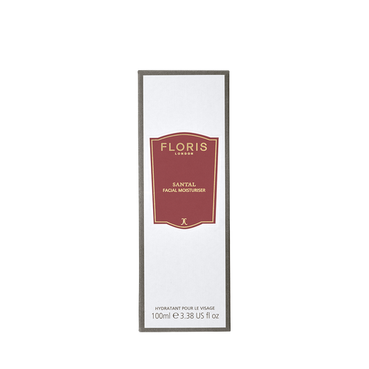 A box of Floris London UK Santal - Facial Moisturiser, 100ml—a lightweight daily moisturiser for hydrated, healthy-looking skin.