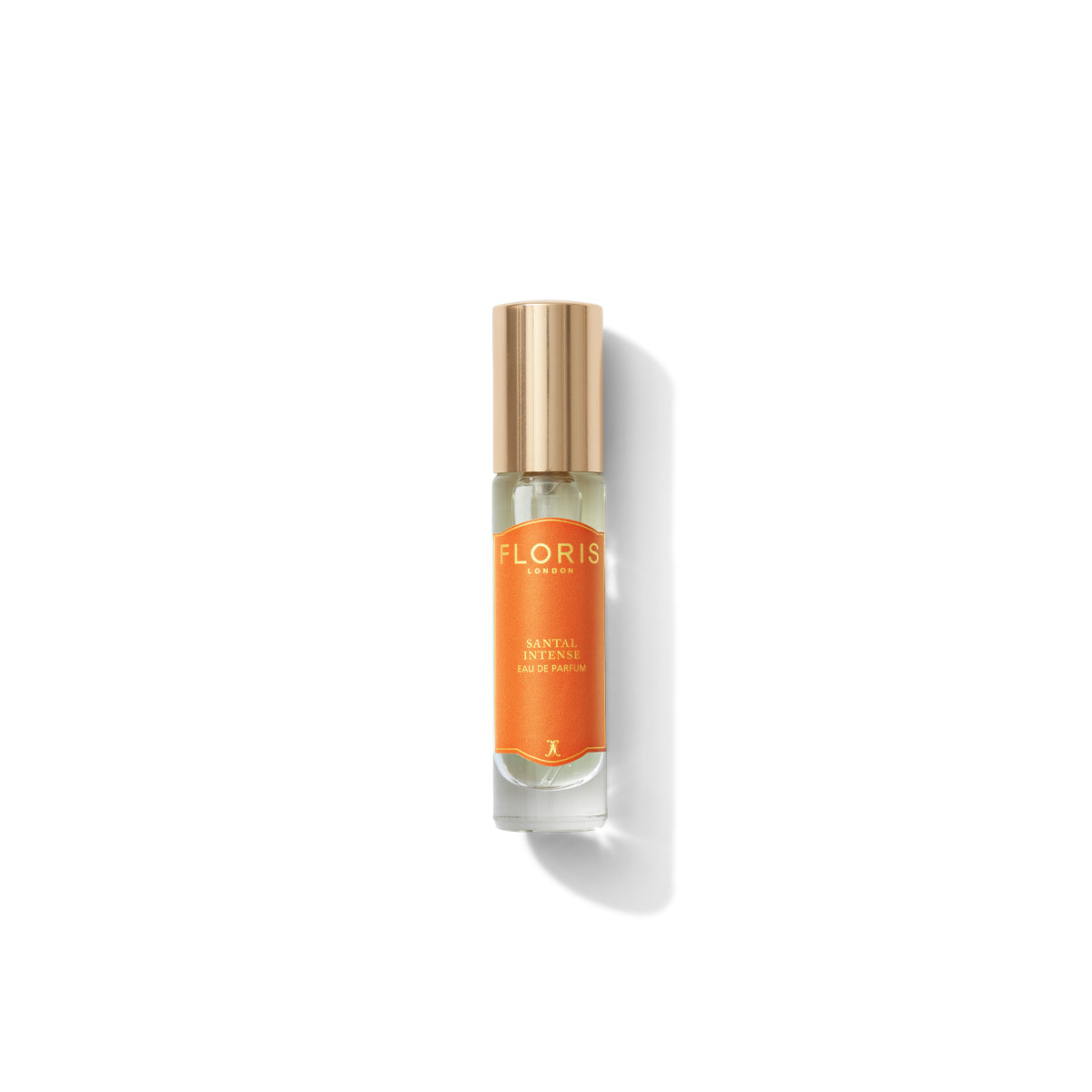 a small 10ml bottle with a bright orange label. It says Santal Intense on it