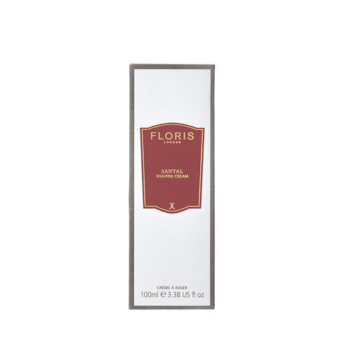 Floris London UK Santal Shaving Cream, 100ml—luxurious shaving cream in white box with red and gold label, ideal for sensitive skin.