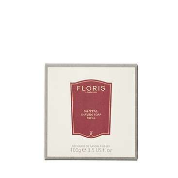 Floris London Santal Shaving Soap Refill, 100g—featuring a red and white label and enriched with shea butter for a smooth shave.