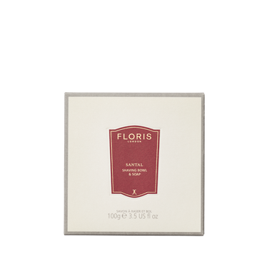 Floris London Santal - Shaving Soap & Bowl, 100g, in a classic wooden bowl with a red and cream label.