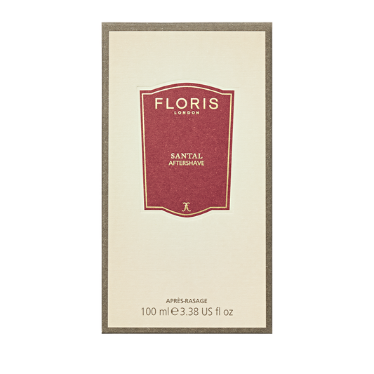Floris London Santal - Aftershave 100ml: red label, beige border, exuding a rich sandalwood scent.