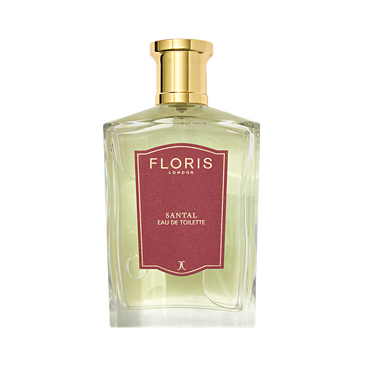 Floris London Santal Eau de Toilette, a men's fragrance with a gold cap and maroon label, features rich sandalwood notes.