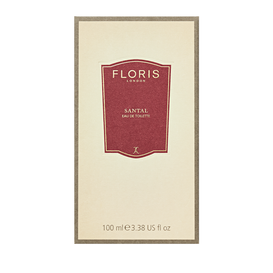 Floris London's Santal Eau de Toilette, 100 ml, comes in cream and red packaging; a sophisticated men's fragrance with rich sandalwood notes.