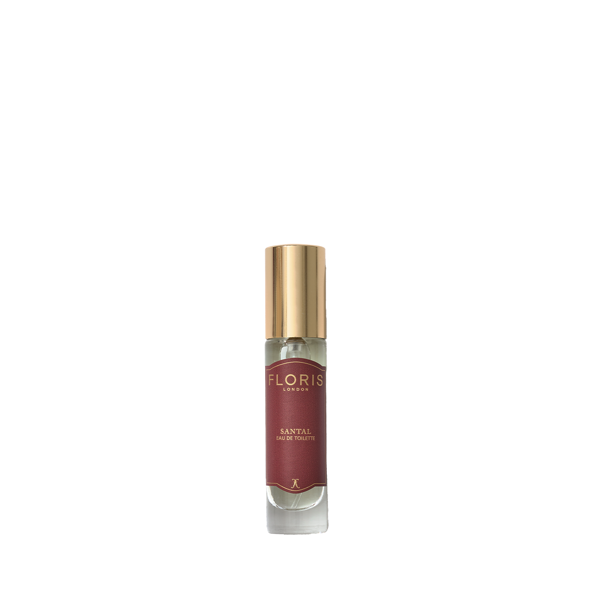 A Floris London Santal - Eau de Toilette perfume bottle with a gold cap and maroon label, standing upright on a white background.