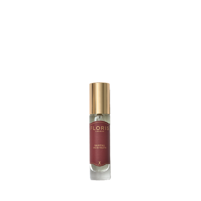 A Floris London Santal - Eau de Toilette perfume bottle with a gold cap and maroon label, standing upright on a white background.