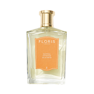 Clear perfume bottle labeled "Floris London Santal Intense - Eau de Parfum" with a gold cap, offering a modern sandalwood fragrance.