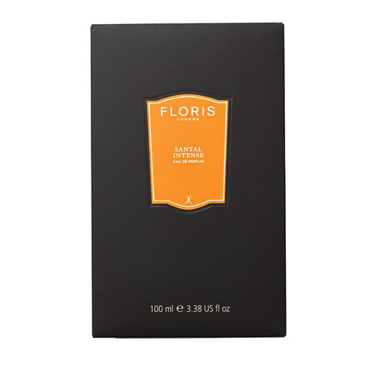 Floris London's Santal Intense Eau de Parfum features sandalwood in a 100 ml black box with an orange label, offering a contemporary fragrance.