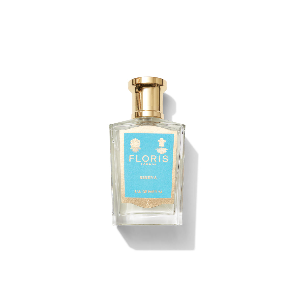 Floris London Sirena Eau de Parfum bottle with a gold cap and blue label, exuding notes of bergamot, on a white background.