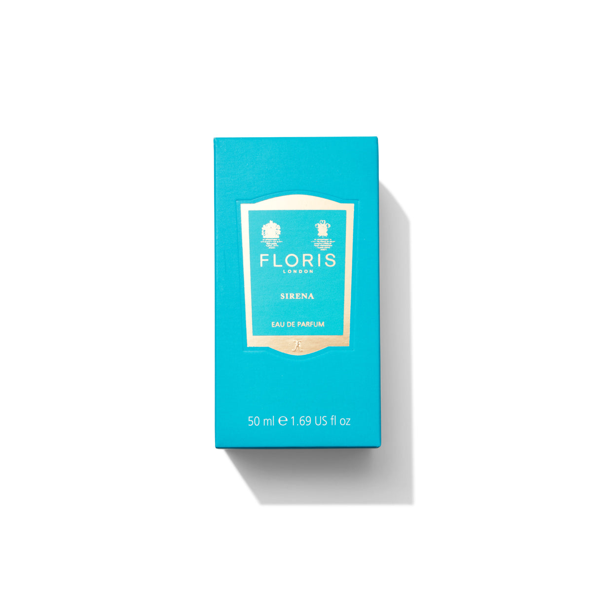 A blue box of Floris London Sirena - Eau de Parfum, 50ml, adorned with white and gold lettering on a white background. The fragrance combines delicate jasmine notes with vibrant bergamot and marine essences.