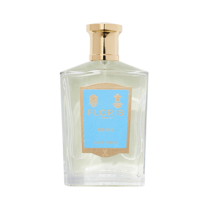 The Sirena Eau de Parfum by Floris London comes in a bottle with a gold cap and blue label, offering a tropical blend with an exquisite floral scent.