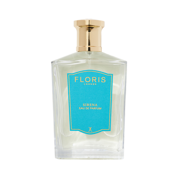 Clear glass bottle of Floris London Sirena - Eau de Parfum, a fresh floral scent with jasmine notes, gold cap, and blue label shown on a white background.