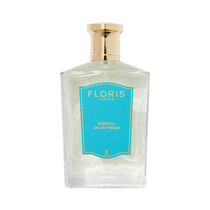 Clear glass bottle of Floris London Sirena - Eau de Parfum, a fresh floral scent with jasmine notes, gold cap, and blue label shown on a white background.