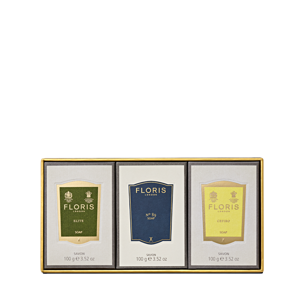 A box of three "For Him" soap bars by Floris London, featuring "Elite," "No. 89," and "Cefiro" scents—a timeless gift of gentlemen's fragrances.