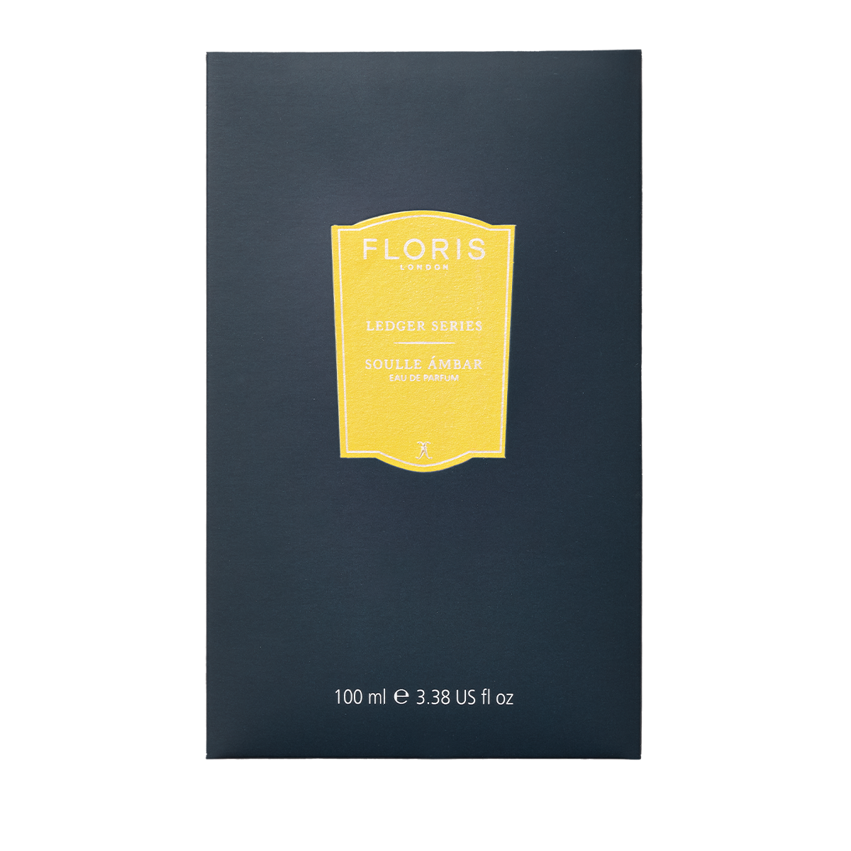 Rectangular dark box for Soulle Ámbar by Floris London UK, featuring a yellow label with the product name and brand.
