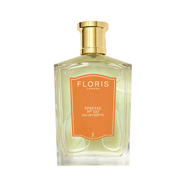 A Floris London Special No. 127 Eau de Toilette with a gold cap and orange label, offering historic elegance in lavender and bergamot notes.