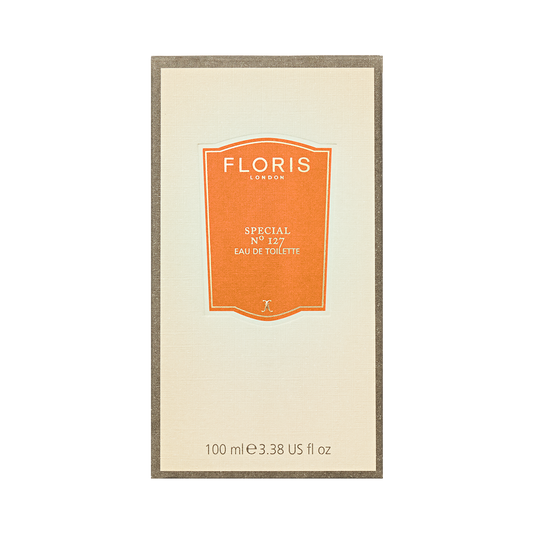 Floris London Special No. 127 Eau de Toilette is a citrus floral fragrance, 100 ml, featuring an orange label with a gray border from British heritage.