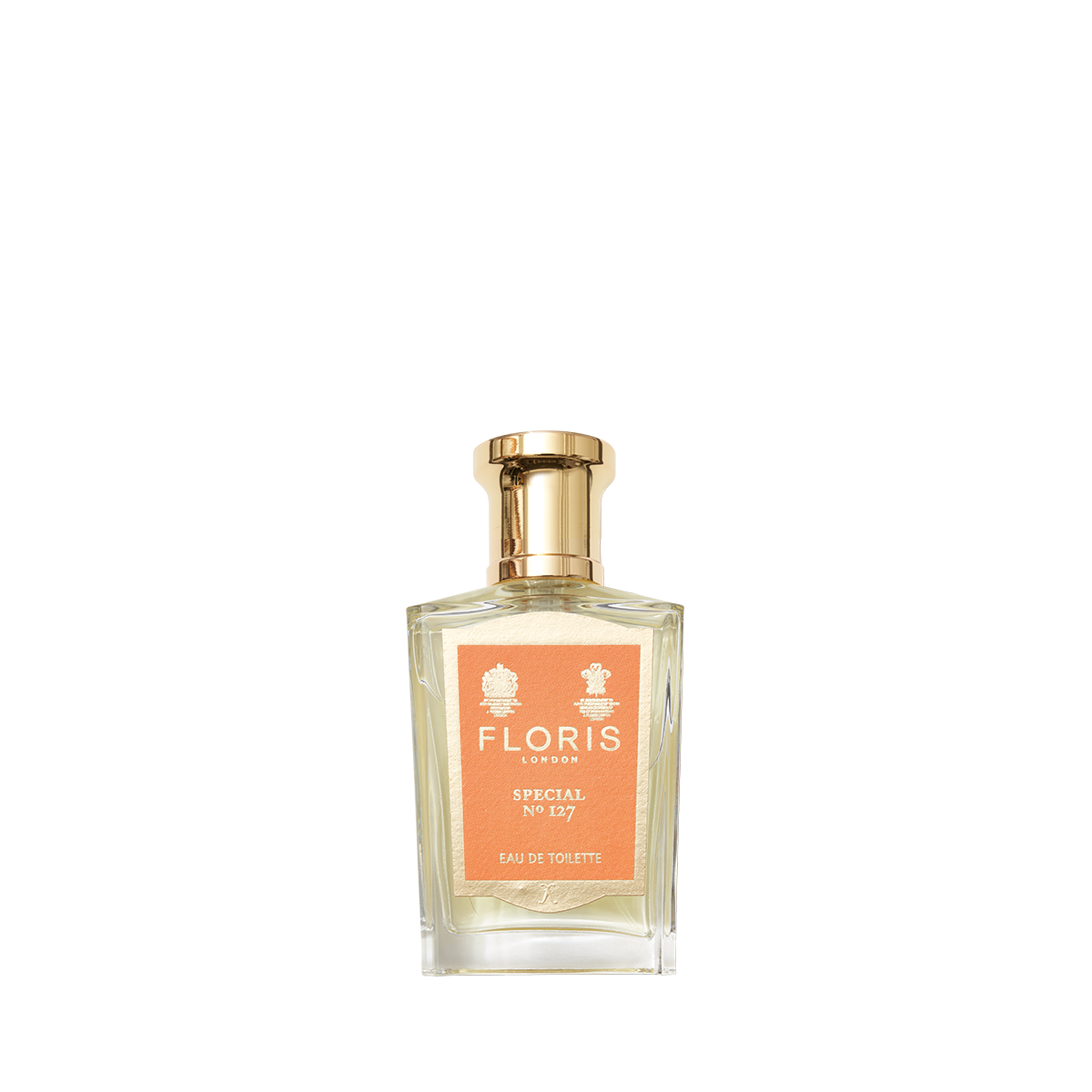 A rectangular glass bottle of Floris London's Special No. 127 Eau de Toilette has an orange label, gold cap, and exudes bergamot and lavender scents.
