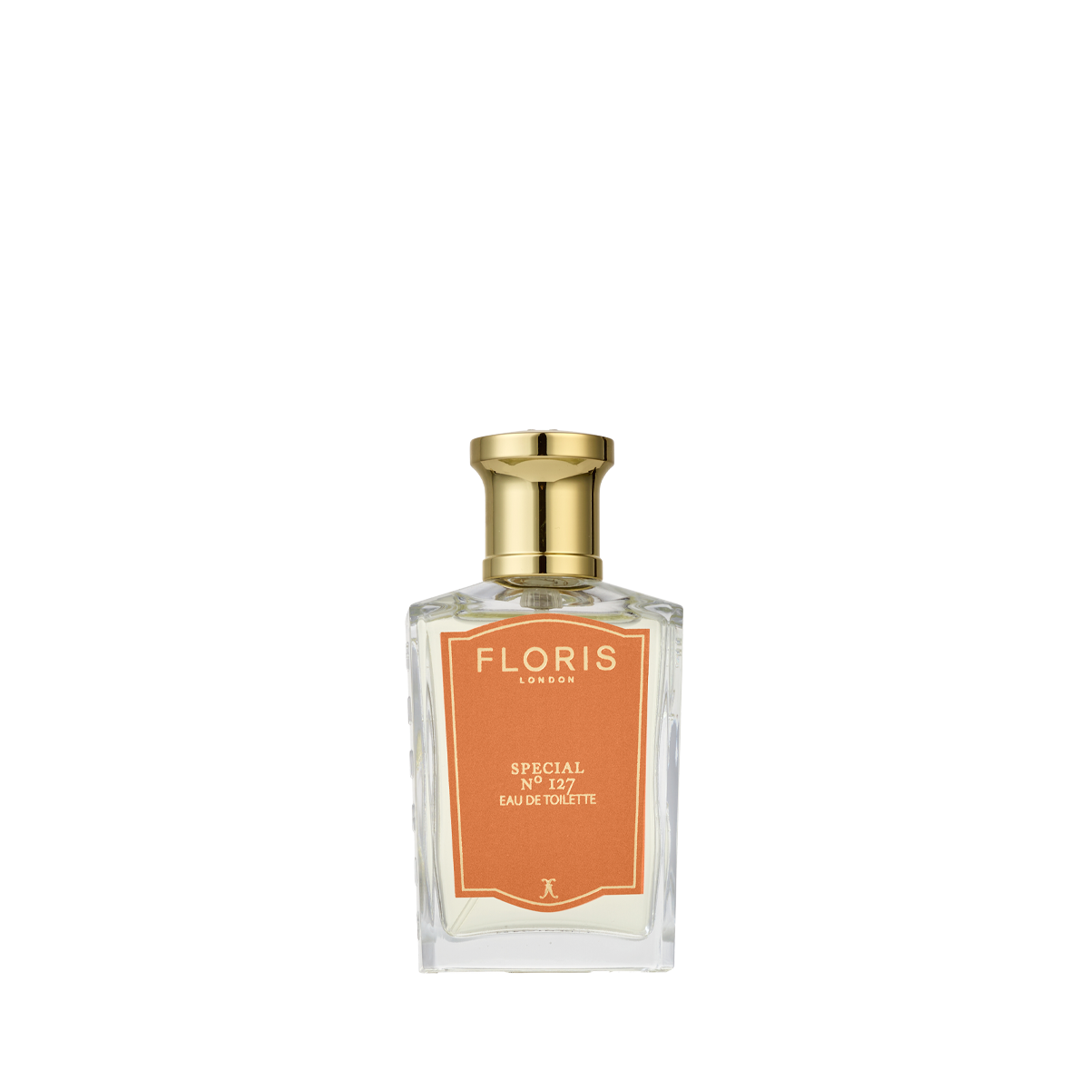 A clear Floris London Special No. 127 Eau de Toilette bottle with a gold cap and orange label, citrus floral scent, shown on a plain white background.