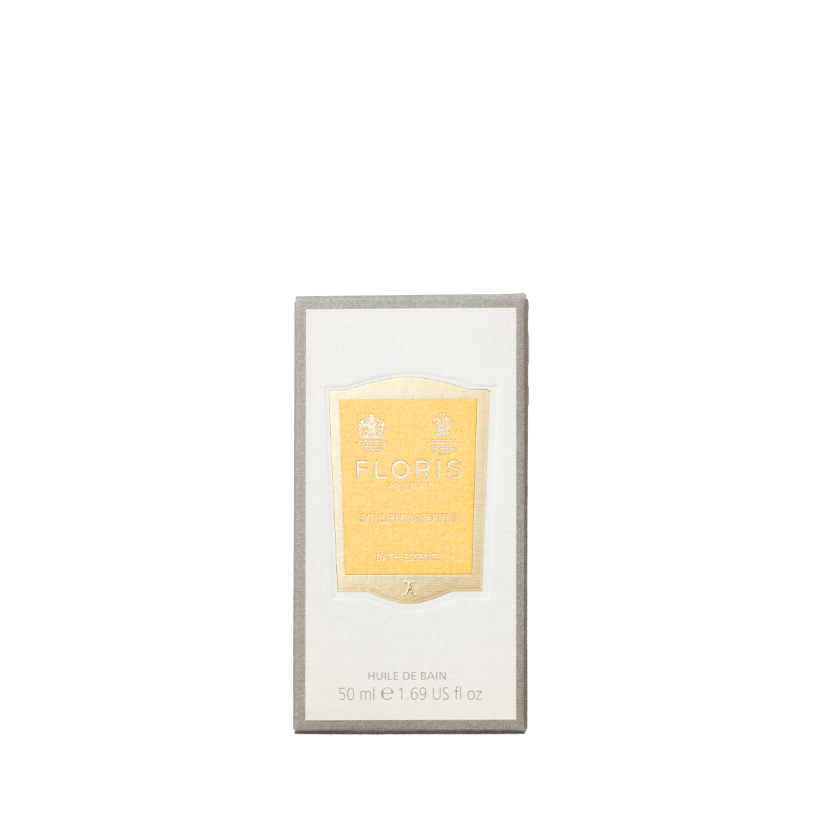 Stephanotis Bath Essence by Floris London features a floral scent, elegantly presented in a gold-labeled bottle within a rectangular box.