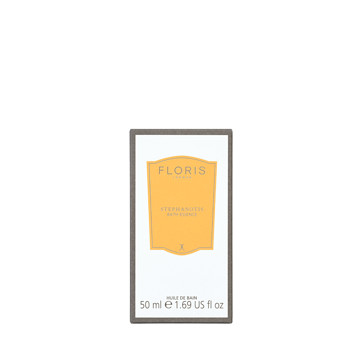 Floris London Stephanotis - Bath Essence, 50 ml, in a box with yellow label and grey border—ideal for a luxurious, scented bath.