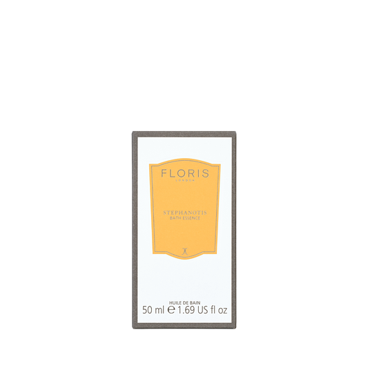Floris London Stephanotis - Bath Essence, 50 ml, in a box with yellow label and grey border—ideal for a luxurious, scented bath.