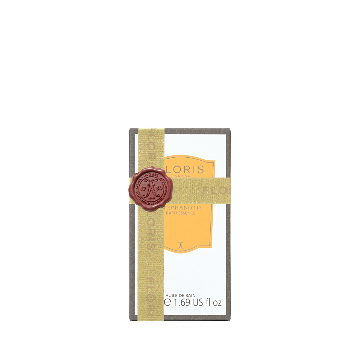 Rectangular Floris London Stephanotis - Bath Essence bottle wrapped in a gold ribbon with a red wax seal.