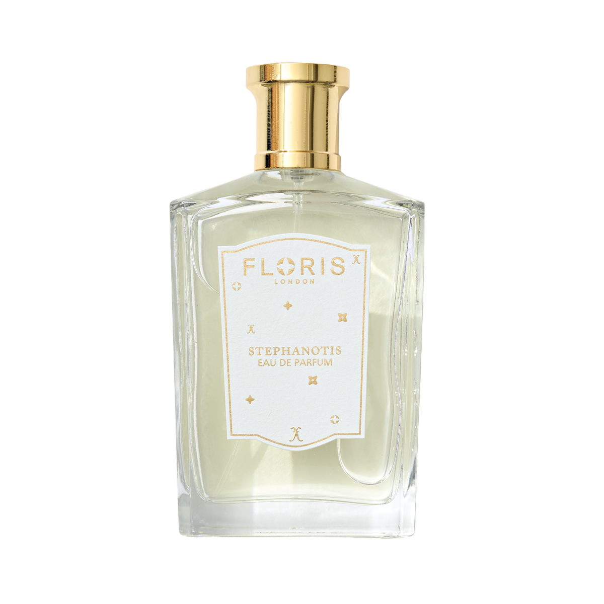 A clear glass bottle of Stephanotis - Eau de Parfum | Limited Edition by Floris London UK, featuring a gold cap with hints of sandalwood and fresh orange blossom.