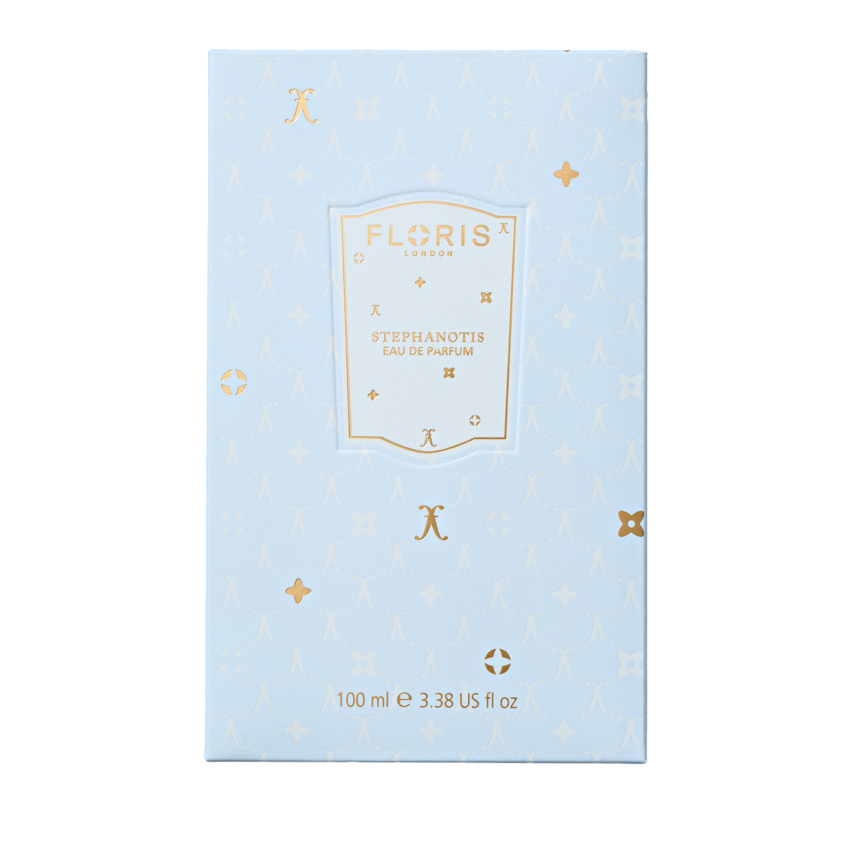 A light blue Floris London UK Stephanotis - Eau de Parfum (Limited Edition) box, 100ml, with gold text and pattern features the scent of stephanotis.