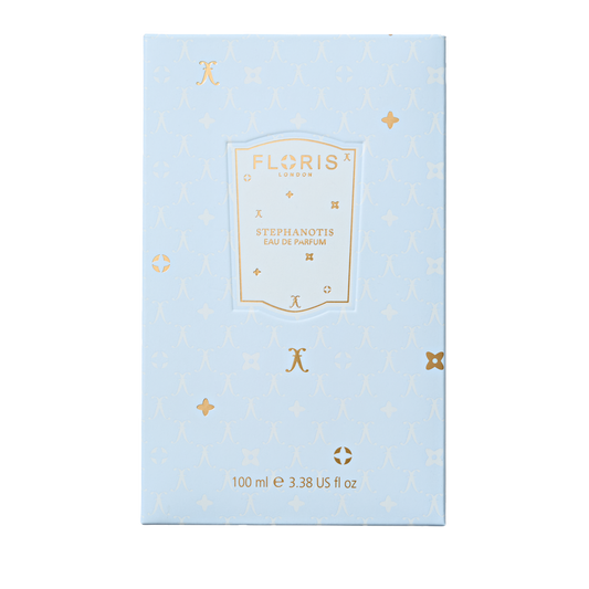 Light blue Floris London UK Stephanotis | Limited Edition perfume box with gold accents, 100 ml—a timeless floral scent with sophisticated notes.