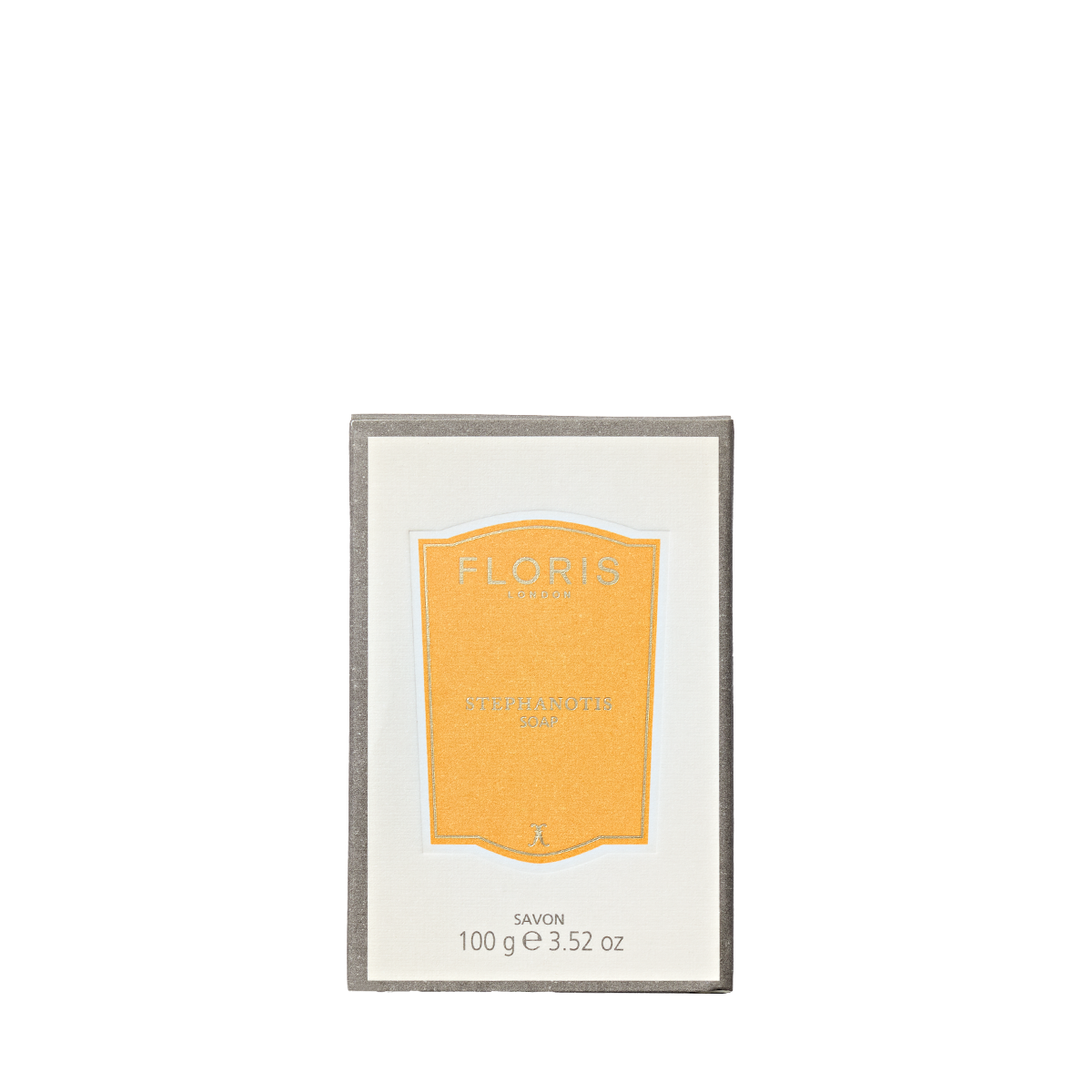 Floris London's Stephanotis Soap, 100g/3.52oz, features a vegetable base and citrus-themed label.