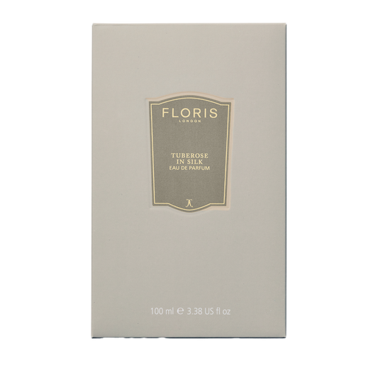 A beige Floris London box labeled “Tuberose in Silk - Eau de Parfum”—a floral scent with tuberose notes. 100 ml (3.38 US fl oz) size.