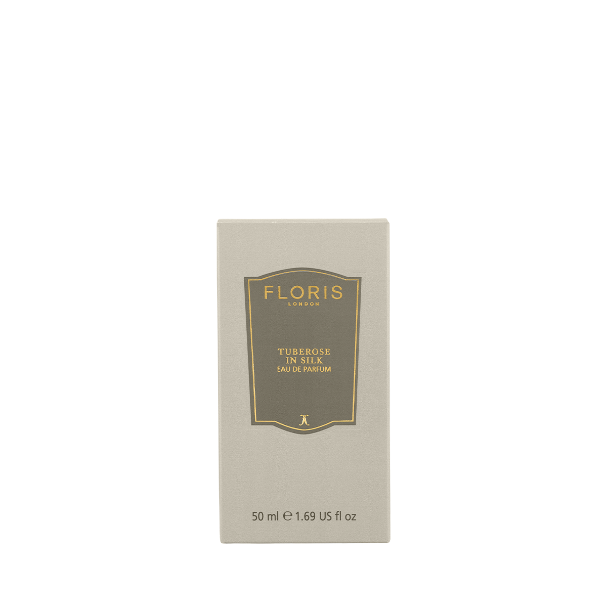 A beige box of Floris London Tuberose in Silk - Eau de Parfum, 50ml, tuberose and jasmine scent, displayed on a plain white background.