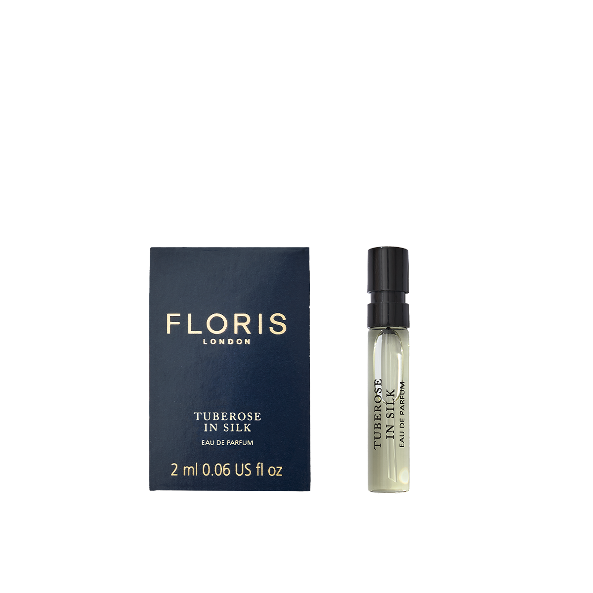 Floris London's Tuberose in Silk Eau de Parfum sample comes in a blue box with a 2ml spray vial and features tuberose and jasmine notes.